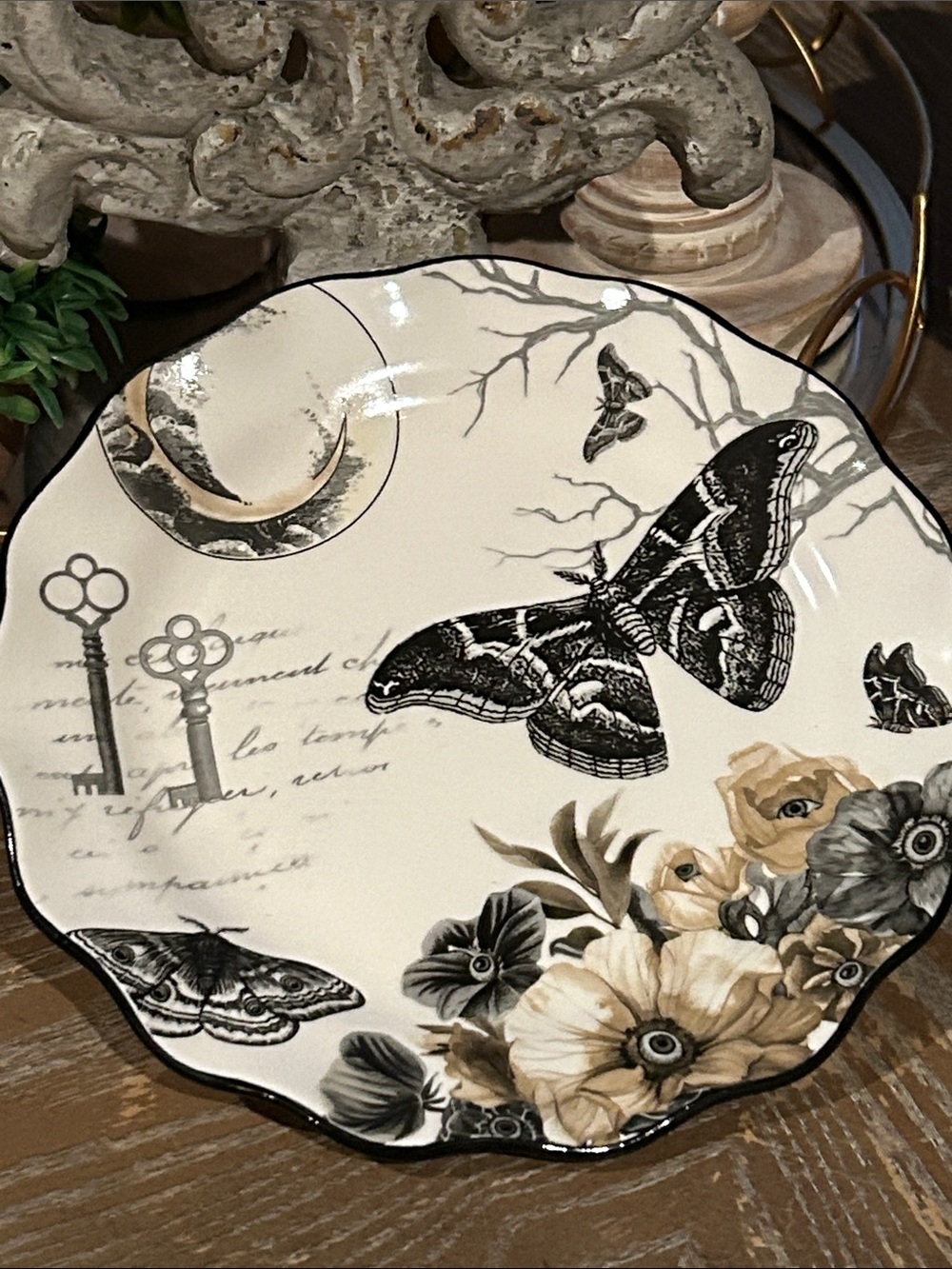 NEW! Gothic Black Butterfly Moth & Floral Toile Floral Ceramic Serving Plate
